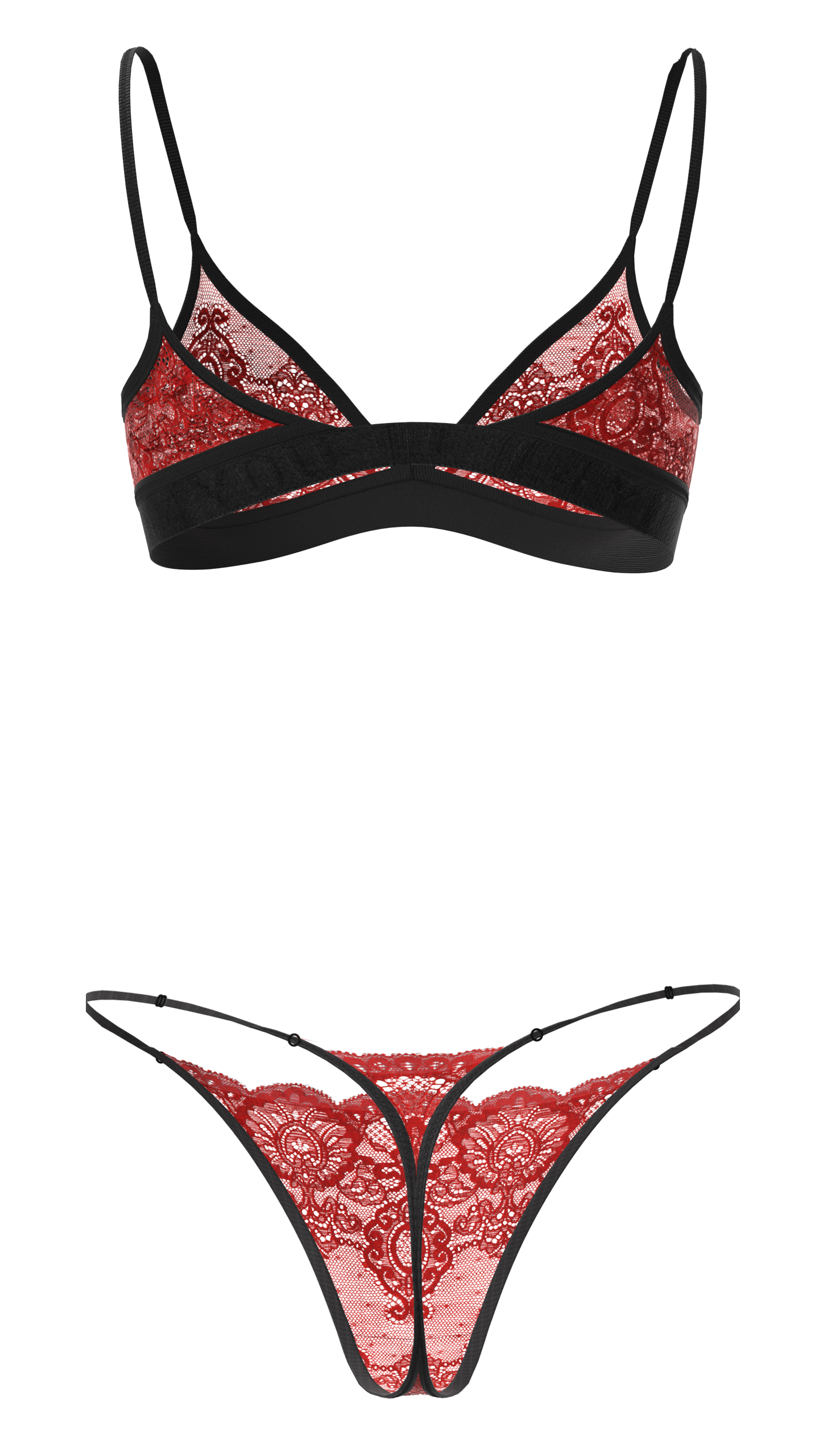 "Hera" - Red Triangle Lace Set of Bra & Thong / Adjustable Straps & Waist