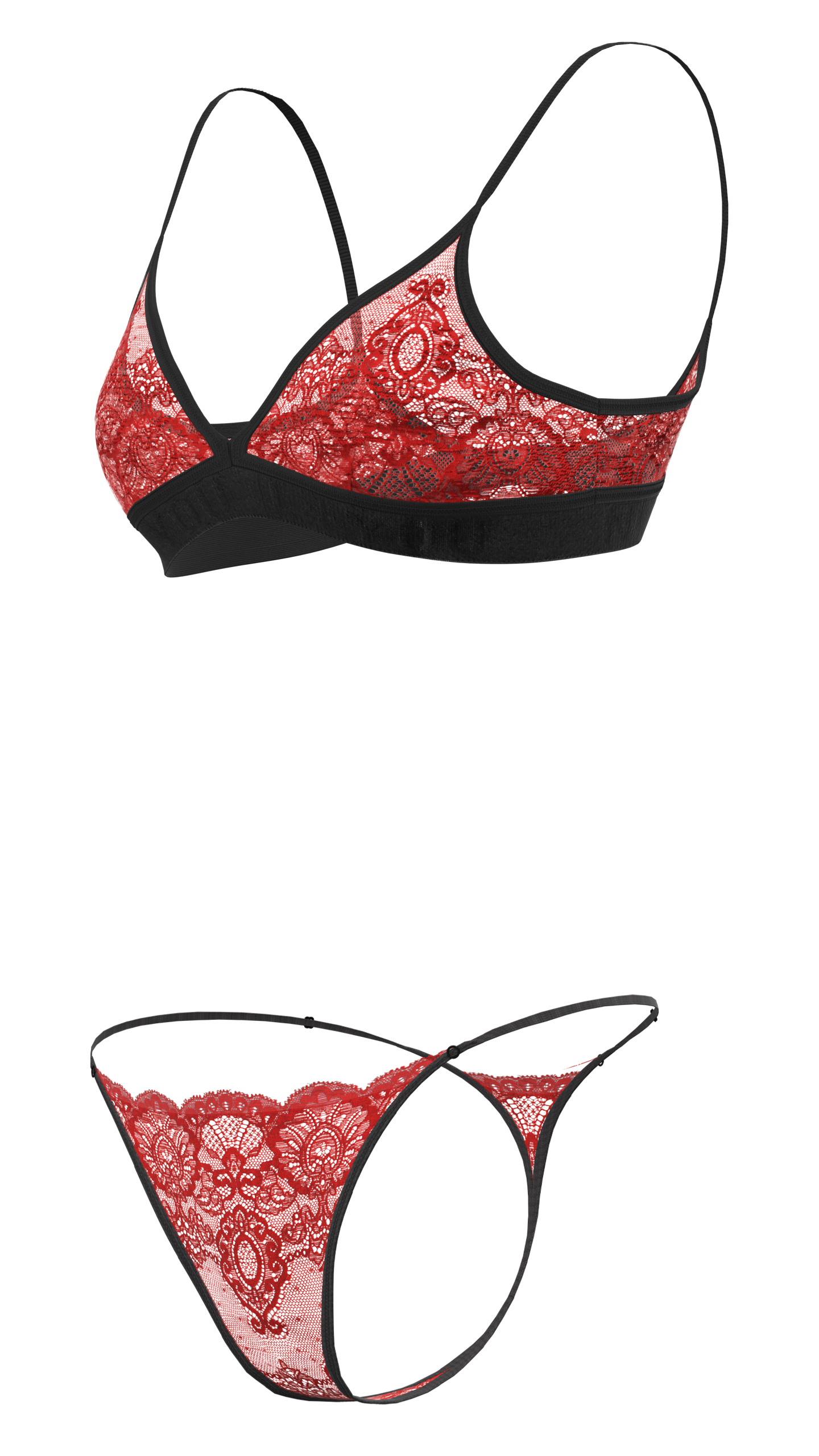 "Hera" - Red Triangle Lace Set of Bra & Thong / Adjustable Straps & Waist