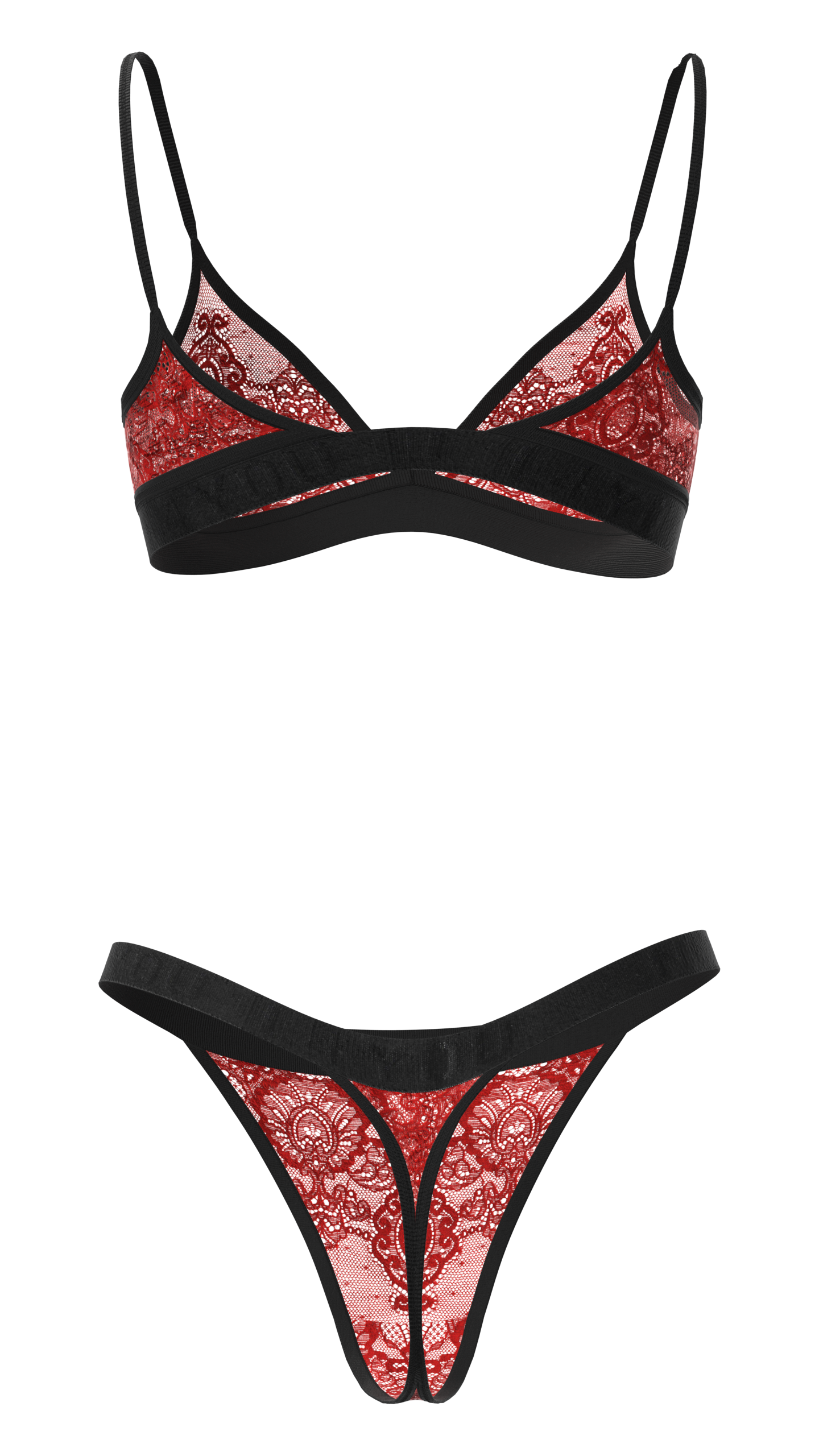 "Hera" -Red Triangle Lace Set of Bra & Thong / Adjustable Straps