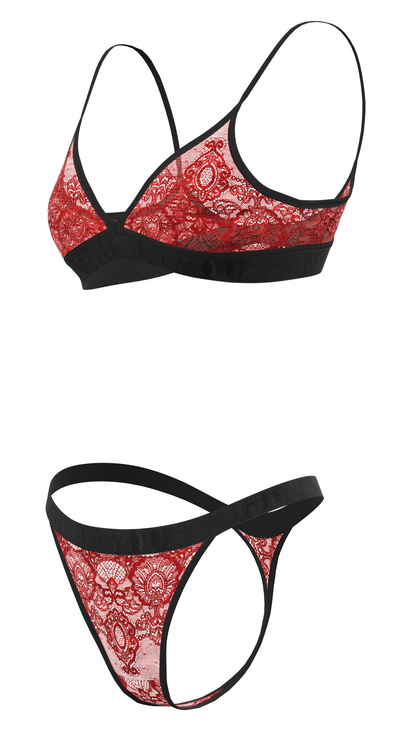 "Hera" -Red Triangle Lace Set of Bra & Thong / Adjustable Straps