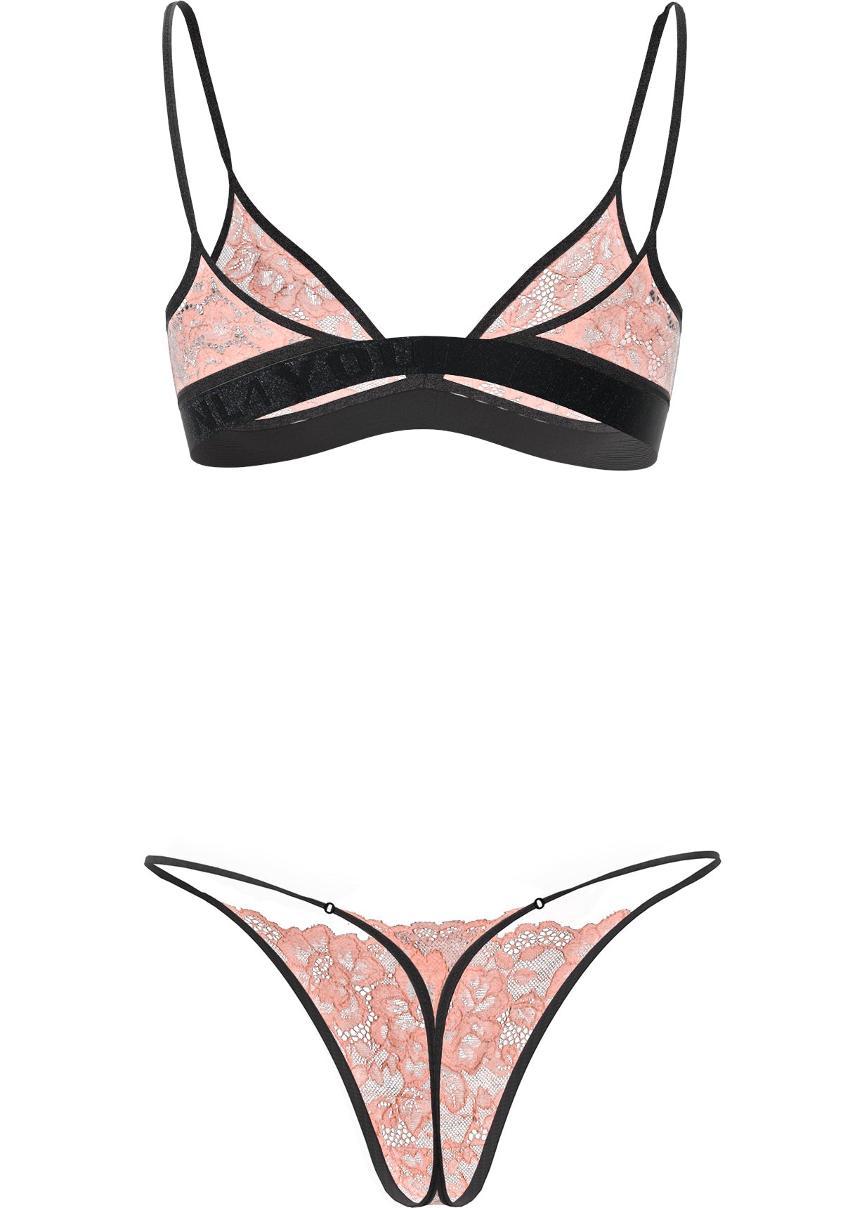 "Athena" - Peach Triangle Lace Set of Bra & Thong / Adjustable Straps & Waist