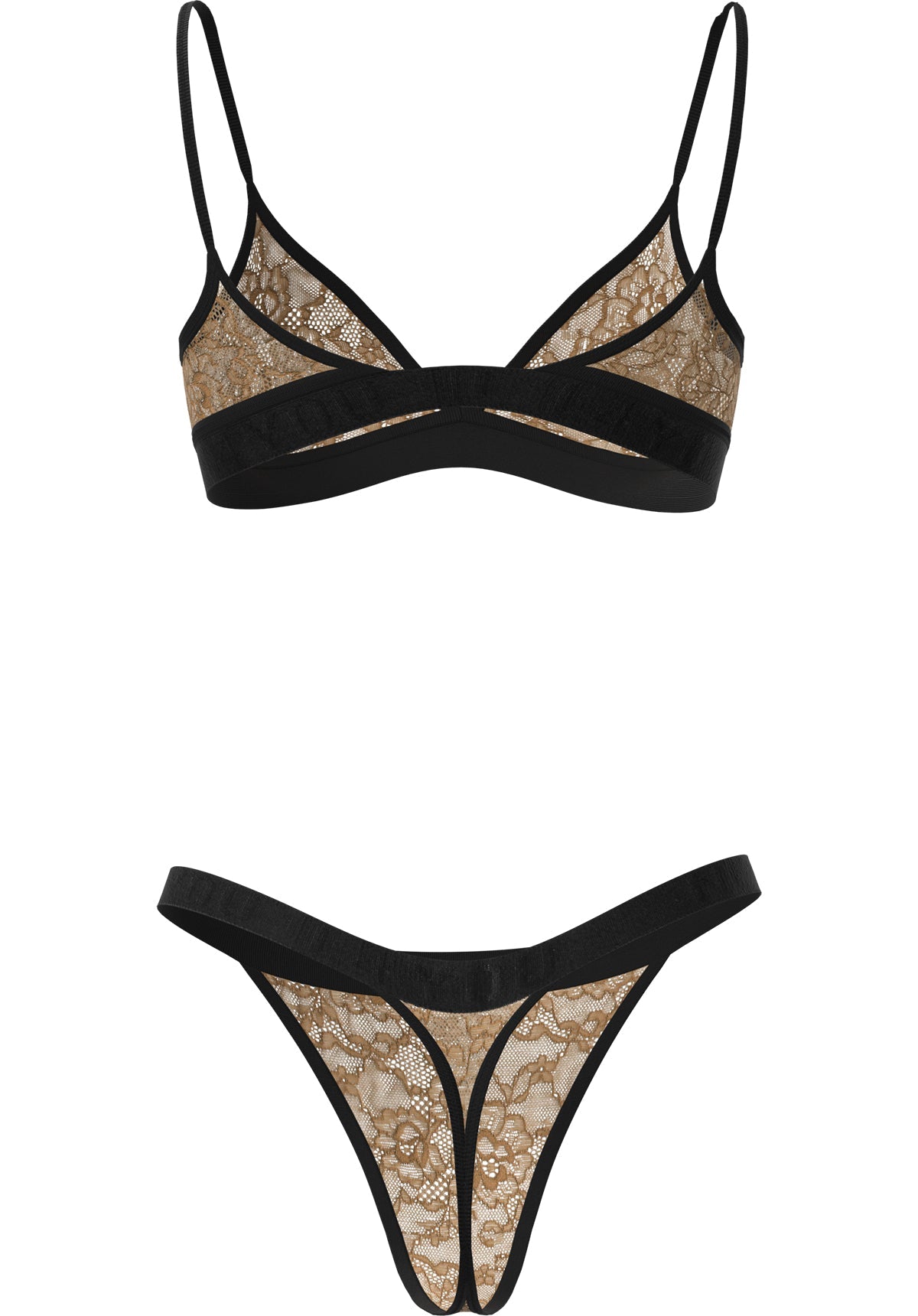 "Nude Lace" - Triangle Lace Set of Bralette & Thong/Briefs with Adjustable Straps
