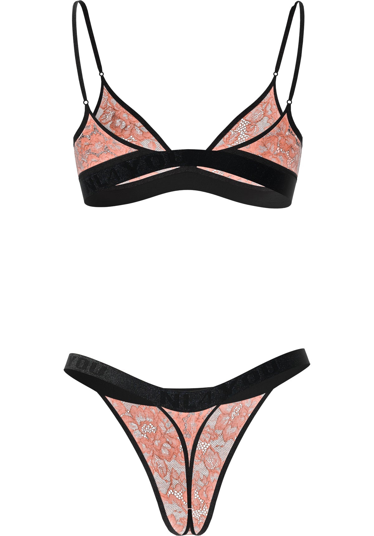 "Athena" - Peach Triangle Lace Set of Bra & Thong / Adjustable Straps