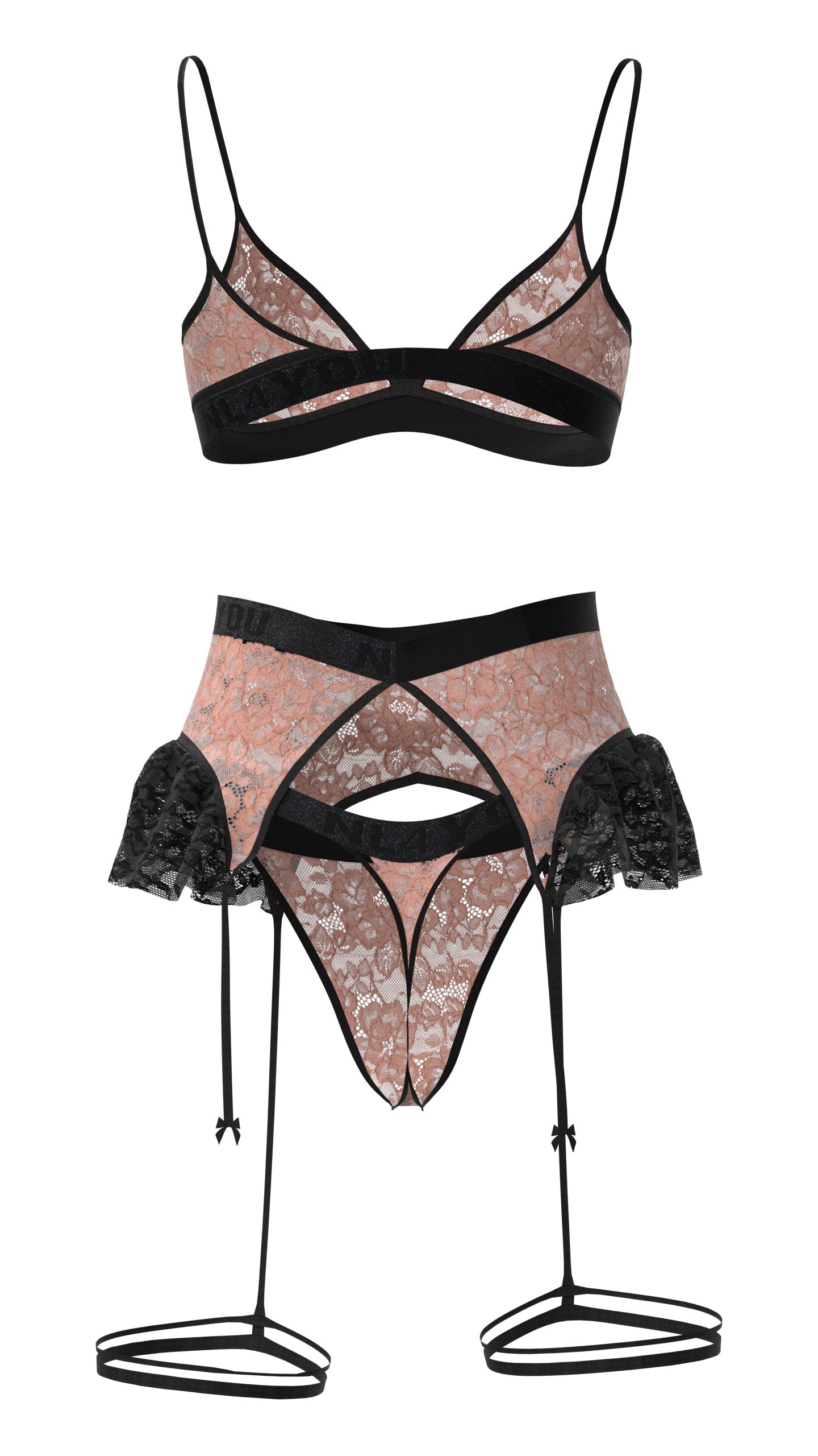 "Athena" - Set intim din dantelă în culoarea piersică, cu sutien, tanga, jartiere și accesorii