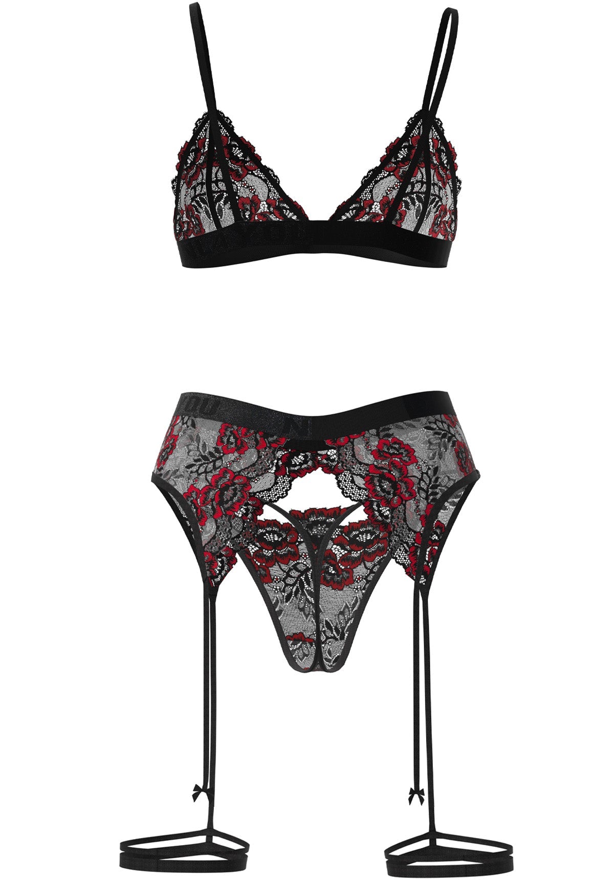 "Pandora" - Set din dantelă intimă neagră cu sutien, tanga, jartiere și accesorii