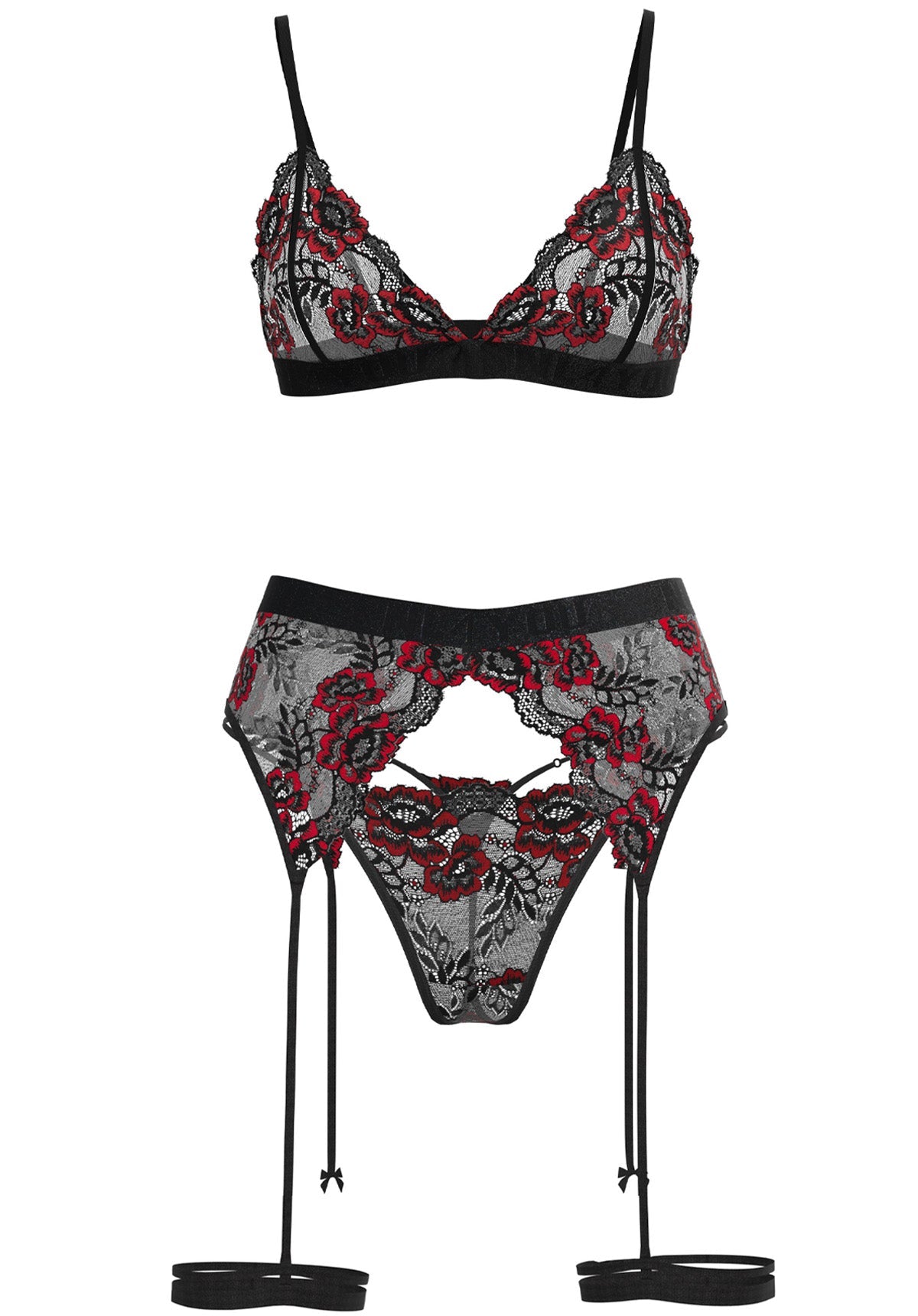 "Pandora" - Set din dantelă intimă neagră cu sutien, tanga, jartiere și accesorii