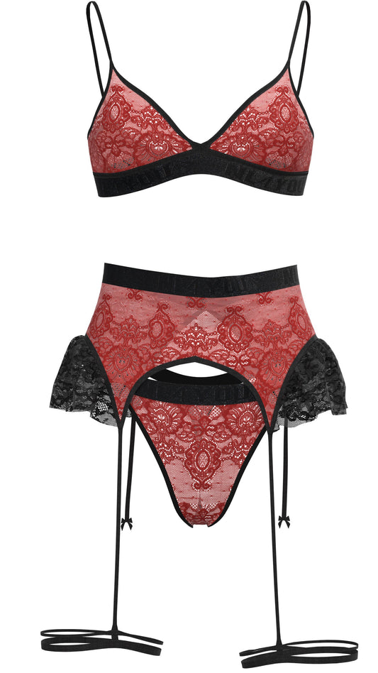 "Hera" - Set din dantelă intimă roșie cu sutien, tanga, jartiere și accesorii