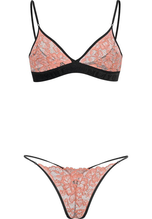 "Athena" - Peach Triangle Lace Set of Bra & Thong / Adjustable Straps & Waist