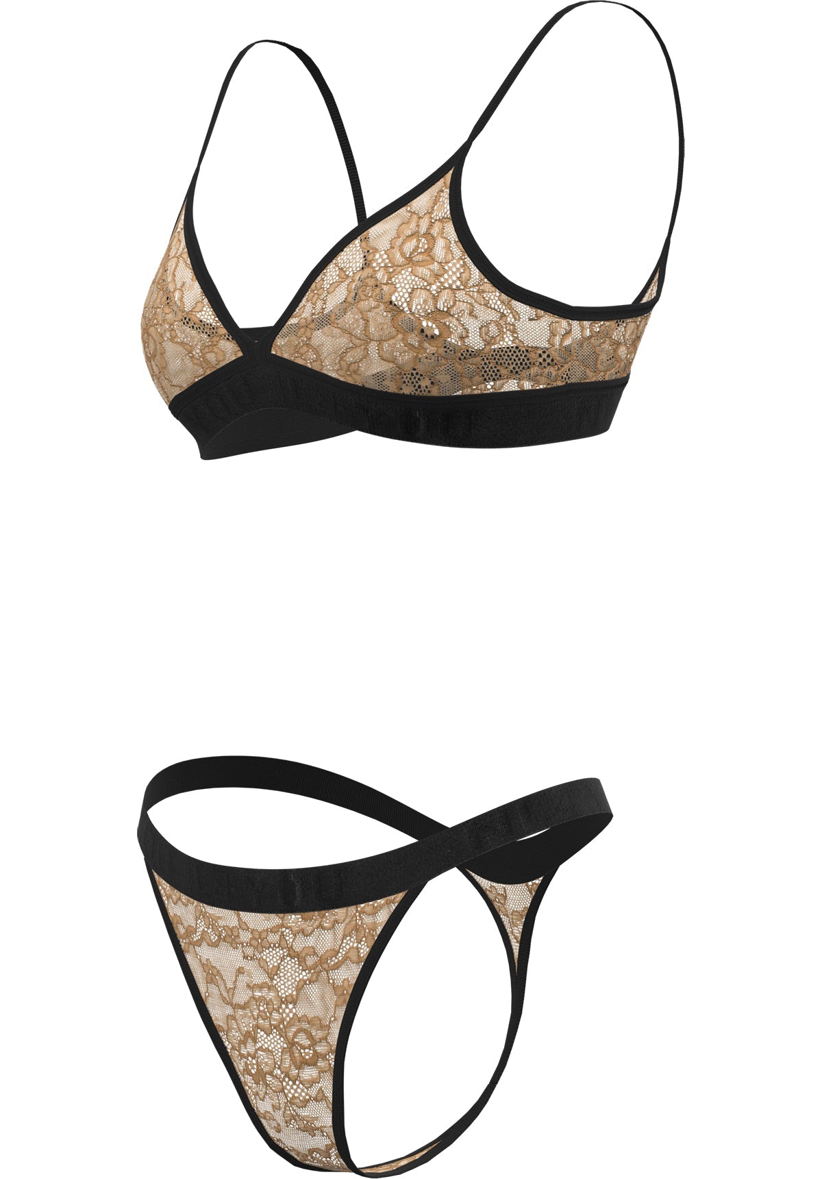 "Nude Lace" - Triangle Lace Set of Bralette & Thong/Briefs with Adjustable Straps