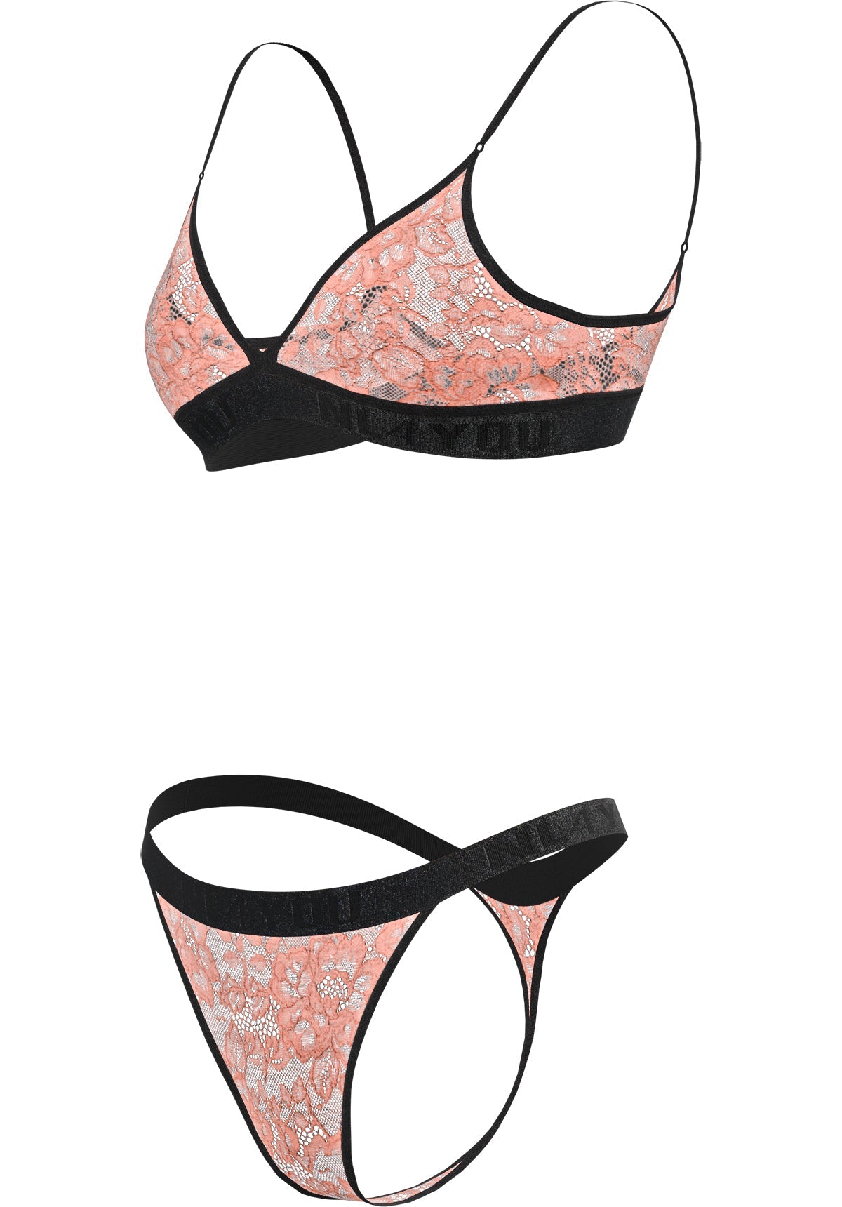 "Athena" - Peach Triangle Lace Set of Bra & Thong / Adjustable Straps