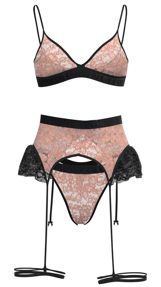 "Athena" - Set intim din dantelă în culoarea piersică, cu sutien, tanga, jartiere și accesorii