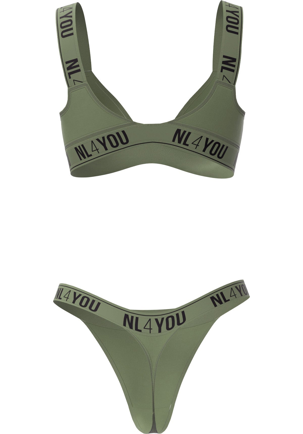 "Khaki Green" - Set triunghiular din bumbac de Bralette și tanga/chiloți