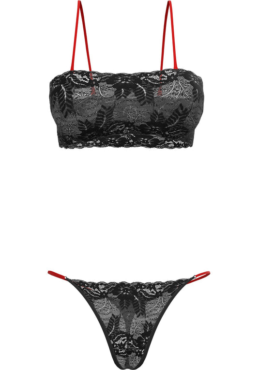"Provoke Me" - Set de dantelă neagră de bralette și tanga / bretele și talie reglabile